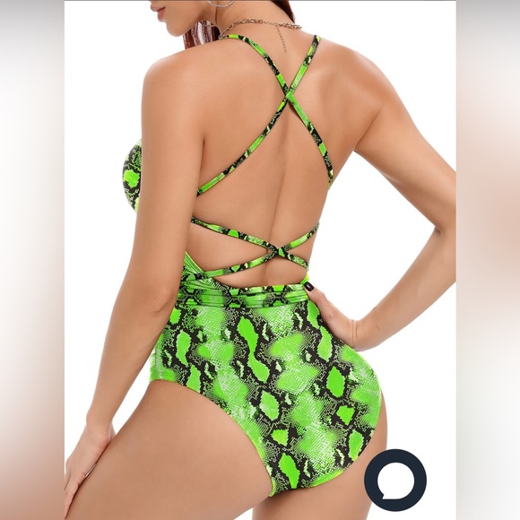 Neon Green Snake Skin Print One Piece Swimsuit Strappy US SIZE L  Plunge Neck - Picture 3 of 5